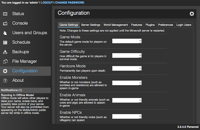 McMyAdmin Configuration Page